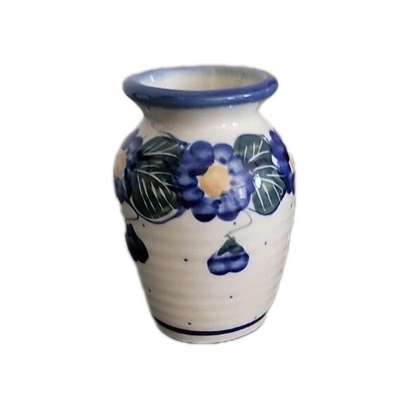 Boleslawiec Vintage WR UNIKAT Polish Pottery Blue FlowersPATTERN VASE 3.25" EUC - Picture 2 of 8